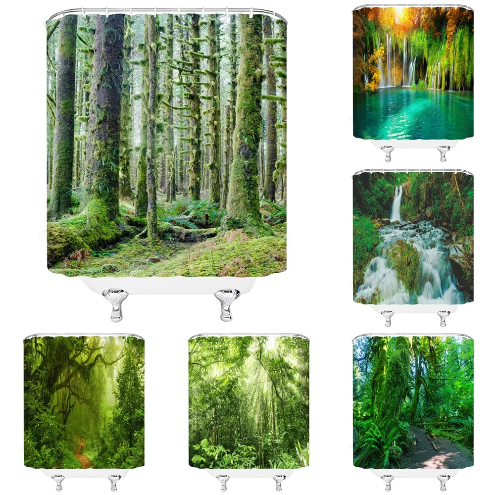 

Tropical Rainforest Shower Curtains Jungle Green Forest Tree Plant Waterfall Landscape Scenery Bathroom Decor Bath Curtain Home