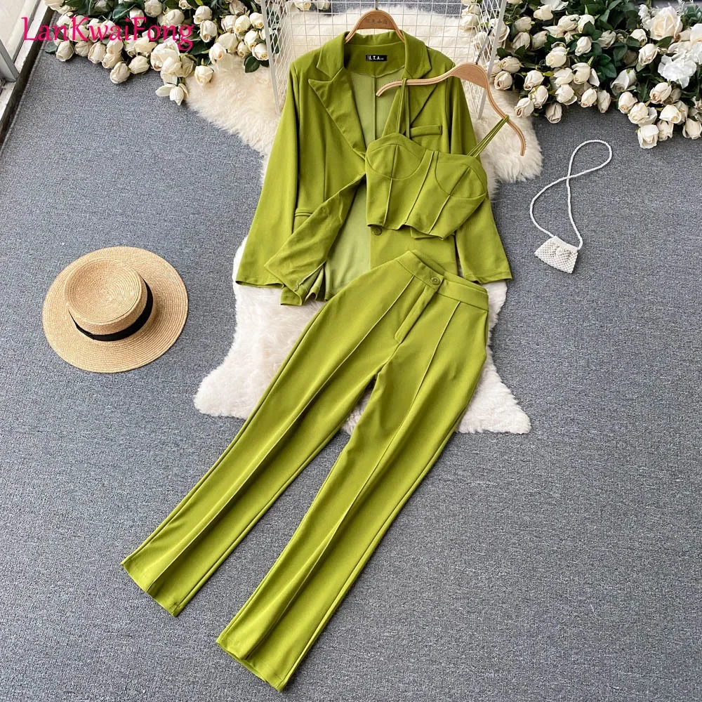 

2024 New Commuter Professional Three Piece Set Women's Polo Collar Long Sleeved Loose Suit Top+Slimming Suit Pants+Strap Top Set