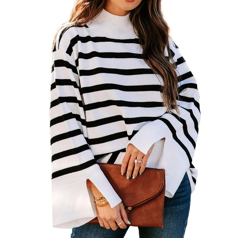 New Women Autumn Winter Flare Sleeve Fashion Tops Striped High Collar Sweaters Loose Design Knitted Pullover Jumper Sweaters
New Women Autumn Winter Flare Sleeve Fashion Tops Striped High Collar Sweaters Loose Design Knitted Pullover Jumper Sweaters