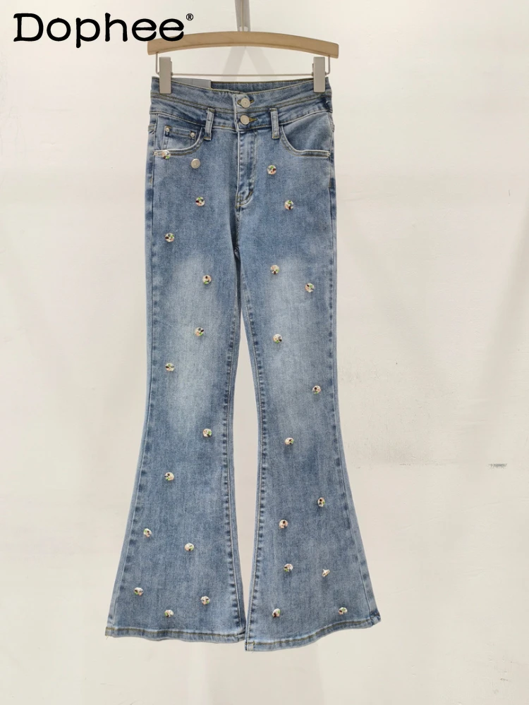 

Heavy Industry Beads High Waist Jeans for Women 2024 Spring and Autumn New Slim Fit Bell-Bottom Pants Blue Distressed Trousers