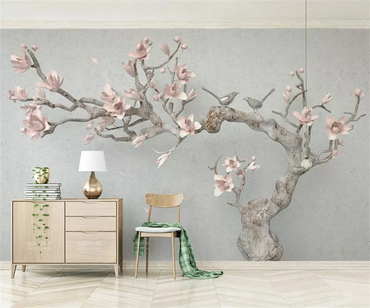 

Custom three-dimensional pink magnolia tree branches embossed new Chinese living room background papel de parede 3d wallpaper