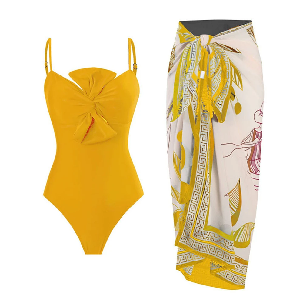 

Цельный купальник с бантом спереди и юбкой для женщин, купальники, женские Монокини с открытой спиной в стиле ретро, накидка, пляжный купальный костюм