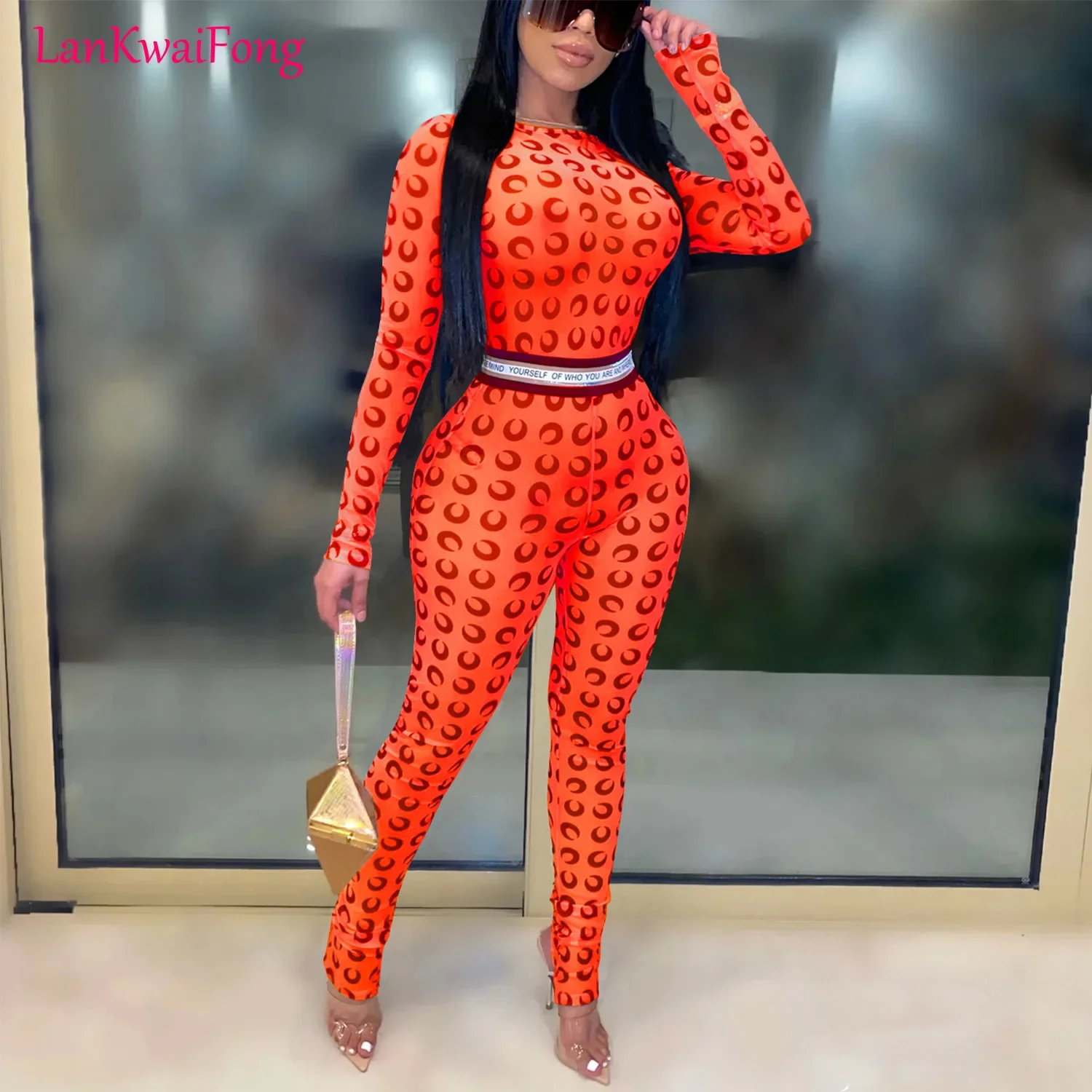 

2024 New Sports Fashion Tight And Sexy Nightclub Mesh Perspective Long Sleeve Party Street Casual Step On Foot Jumpsuit