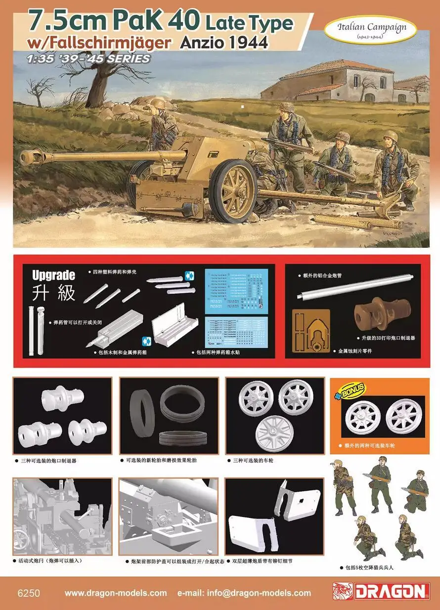 

Dragon 6250 1/35 7.5cm Pak40 Late Production w/Fallshirmjager (1944 Anzio) Model Kit