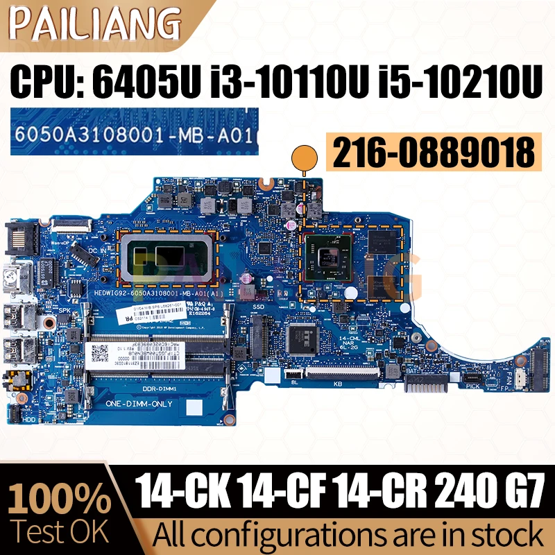 

For HP 14-CK 14-CF 14-CR 240 G7 Notebook Mainboard Laptop 6050A3108001 L68265-601 6405U i5-10210U Motherboard Full Tested
