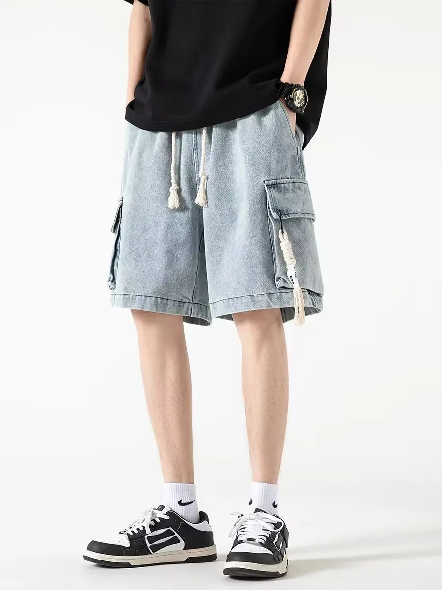 

New Men Loose Summer Multi Pockets Blue Washed Shorts Jeans Streetwear Retro Hip Hop Wide Leg Baggy Denim Short Pants B19