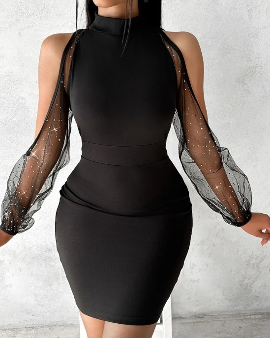 

Women's 2024 Fashion Elegant Mock Neck Off Shoulder Mesh Spliced Hollow Long Sleeve Waist Wrap Hip Bodycon Mini Dress