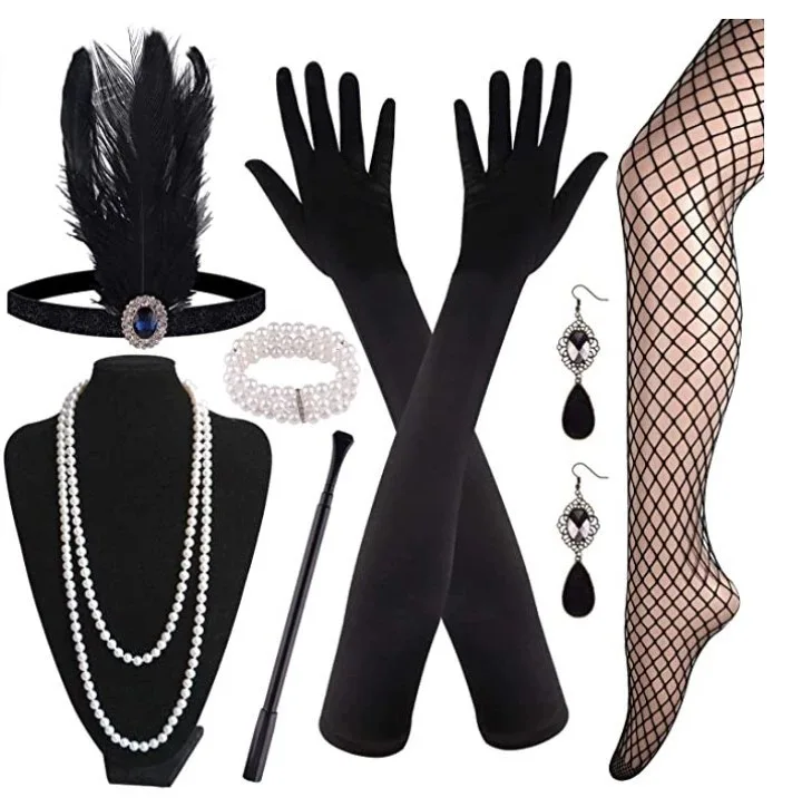 

1920s Retro Gatsby Makeup Ball Accessories Party Feather Headband Necklace Fan Sock Bracelet Long Smoke Rod Glove Set Cosplay