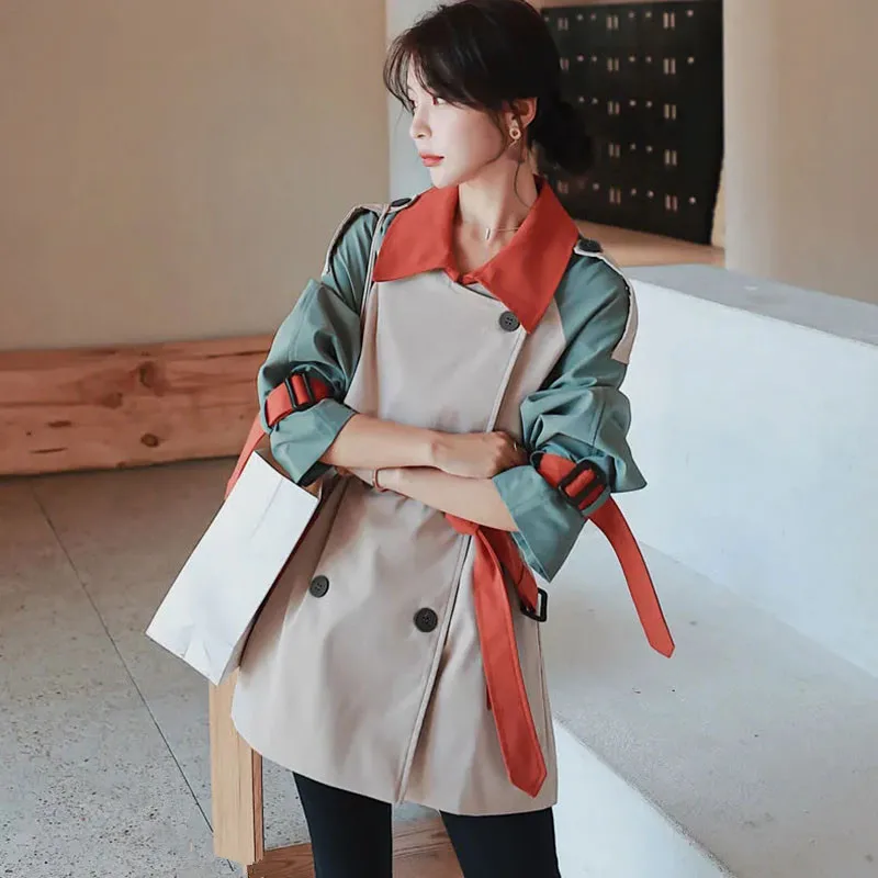 

Spring Autumn Women Patchwork Contrast Color Short Trench Coat With Belt Casual Lapel Double-breasted Female Windbreaker Outwear