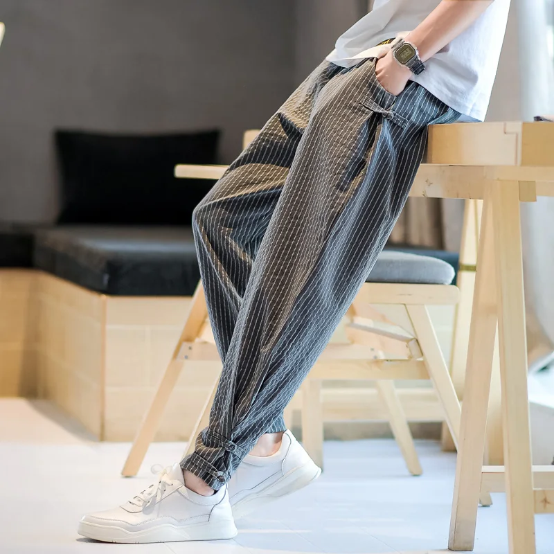 Men's Clothing Dial Buckle Binding Leg Harem Pants Summer Leisure Cotton Linen Loose Striped Thin Pants Sinicism Youth Pants
Men's Clothing Dial Buckle Binding Leg Harem Pants Summer Leisure Cotton Linen Loose Striped Thin Pants Sinicism Youth Pants