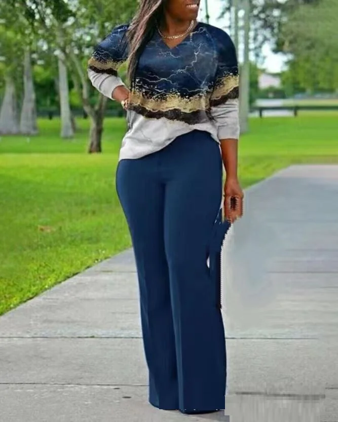 2023 spring autumn print tops+straight full pants two piece set for women Blue green fall outfits 4xl 5xl casual clothes
2023 spring autumn print tops+straight full pants two piece set for women Blue green fall outfits 4xl 5xl casual clothes