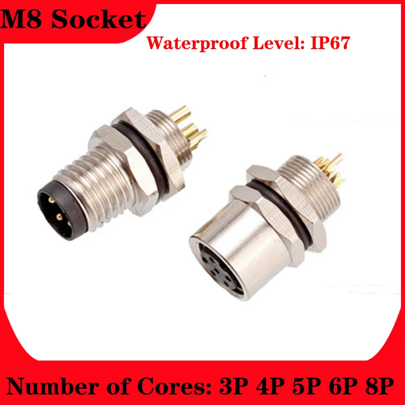 

M8 3P 4P 5P 6P 8 Pin Waterproof IP67 Aviation Male Female Fixed Socket Front Panel Rear Panel Lnstall Cable Welding Connector