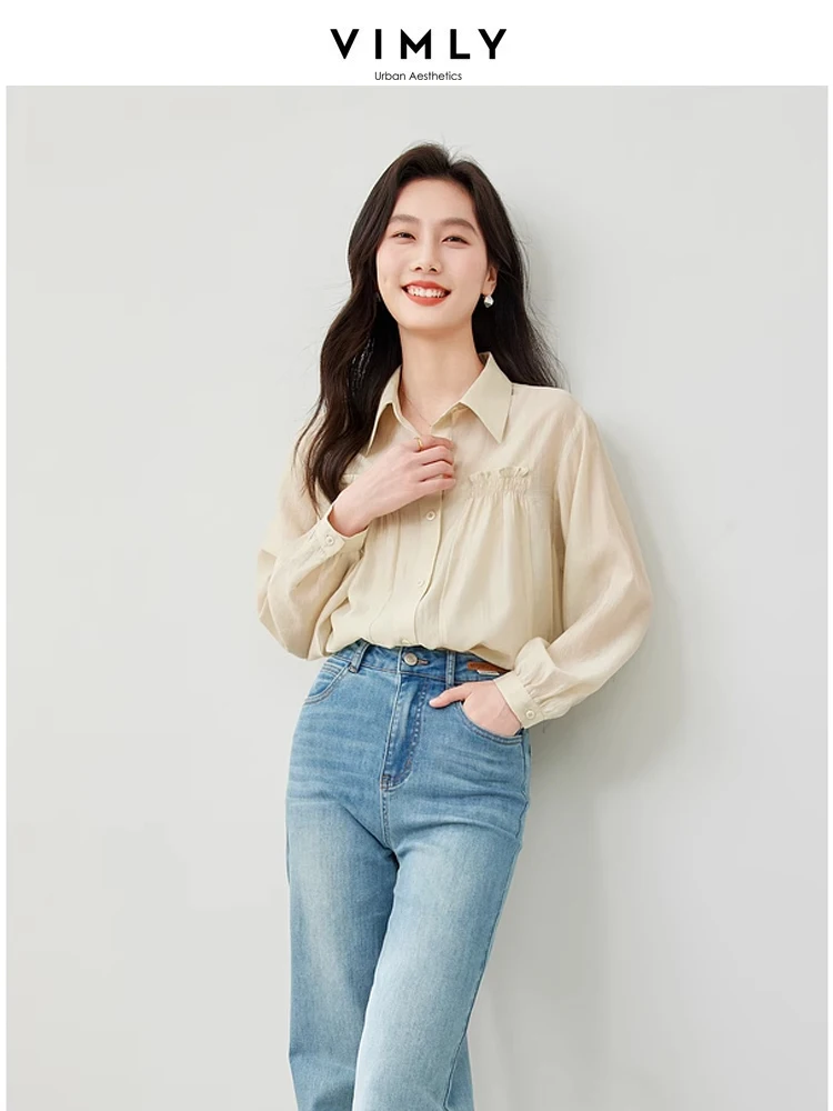 

Vimly Lapel Simple Lyocell Women's Shirt Button Up Drop Sleeve Dark Apricot Shirt 2024 Spring Casual Shirts & Blouses M6662