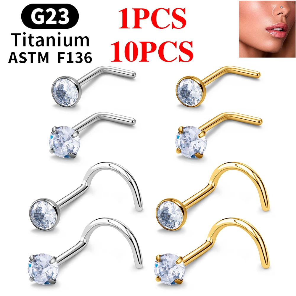 

1/10PCS ASTM F136 G23 Titanium Piercing Nose Stud 20G L-Shape Nariz Studs With Zircon 2-3mm Nose Rings Nostril Piercing Jewelry