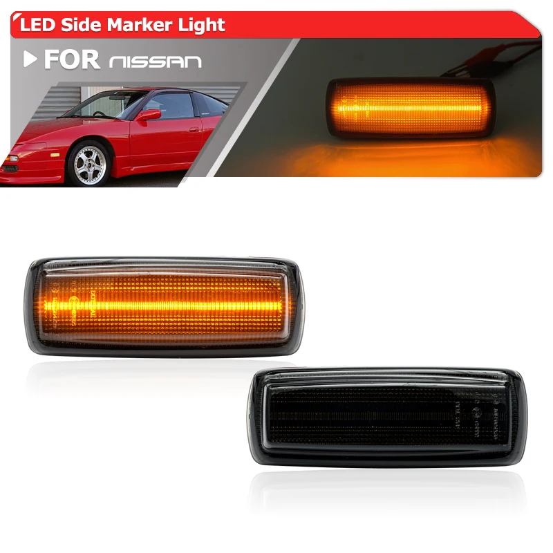 2x копченые светодиодные боковые габаритные огни, Модернизированная Замена для Nisssan 180SX JDM Spec 1989-1998, автоматические указатели поворота 
2x копченые светодиодные боковые габаритные огни, Модернизированная Замена для Nisssan 180SX JDM Spec 1989-1998, автоматические указатели поворота