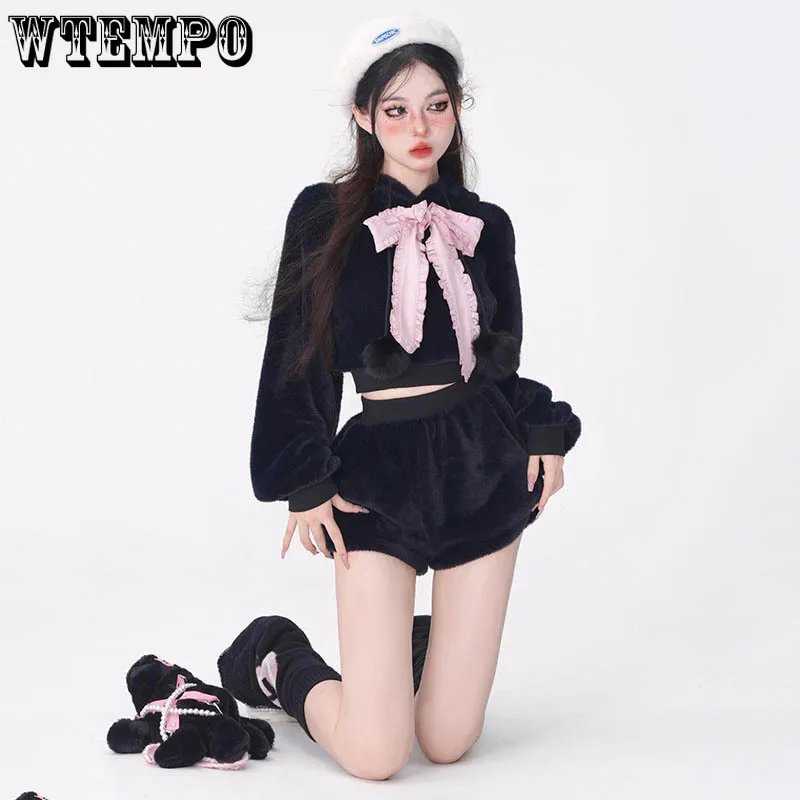 

Plush Hoodies Cute Rabbit Ear Bow Hotsweet Women's Short Hooded Pullover Slim Thin Preppy Style Korean Fashion Spring Autumn