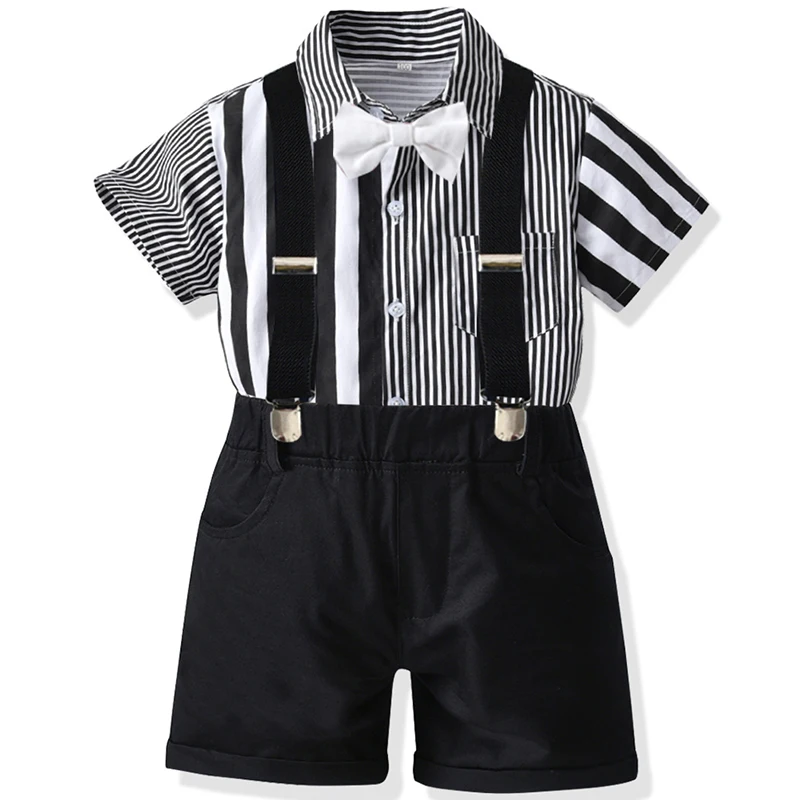 

4Piece Summer Baby Boy Clothes Fashion Gentleman Stripe Short Sleeve T-shirt+Shorts+Tie+Straps Children Clothing Set BC2356-1
