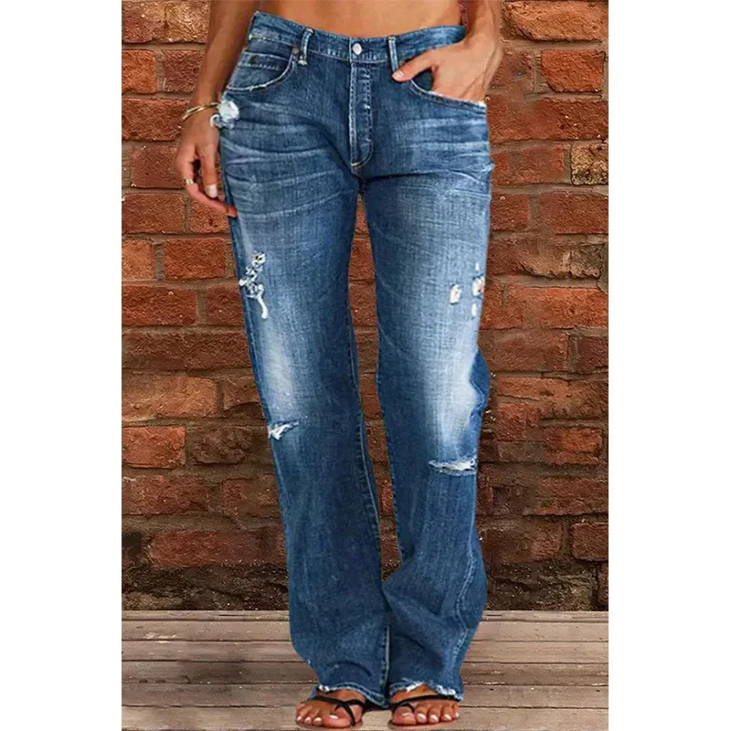 

Middle Waist Ripped Jeans 2024 Women Pants Retro Fashion Trousers Korean Edition Straight Women Wide-leg Pants Baggy Jeans Women