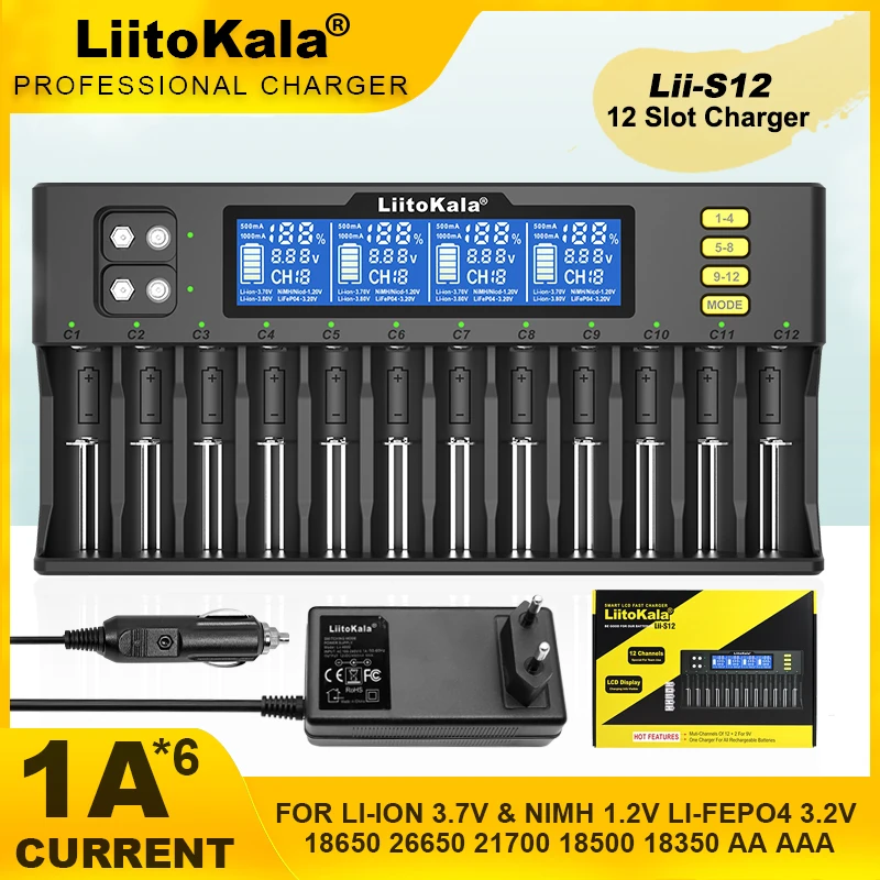 LiitoKala Lii-S12 21700 9V LCD Display 12 Trough For 1.2V 3.8V 3.2V 3.7V IMR NiMH/Cd 18650 26650 26700 AA AAA Battery Charger
LiitoKala Lii-S12 21700 9V LCD Display 12 Trough For 1.2V 3.8V 3.2V 3.7V IMR NiMH/Cd 18650 26650 26700 AA AAA Battery Charger