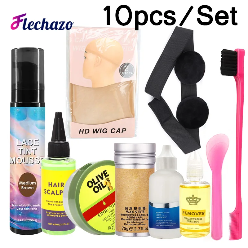 

10Pcs Wig Installation Kit Set Lace Tint Spray Mousse Lace Glue Remover Wax Stick Edge Control Scalp Oil Olive Oil Melting Band