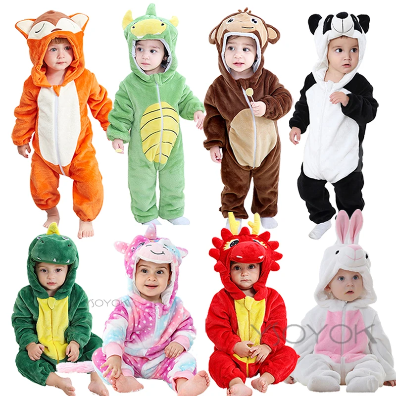 

Cute Cartoon Baby Boys Rompers Winter Flannel Pyjamas Unicorn Dinosaur Tiger Lion Fox Onesie Kids Kigurumi Pajamas for Girls