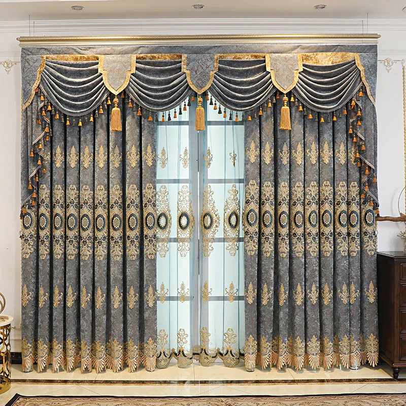 

Custom curtain European atmosphere Chenille embroidered shading gray blue cloth blackout curtain tulle valance drape C1480