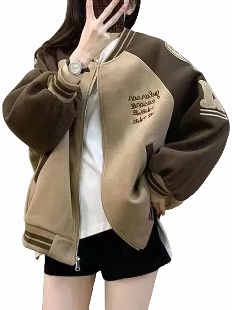 

Куртка-бомбер женская с вышивкой, винтажная бейсбольная куртка с надписью, свободная повседневная Уличная одежда, базовое пальто, Осень-зима