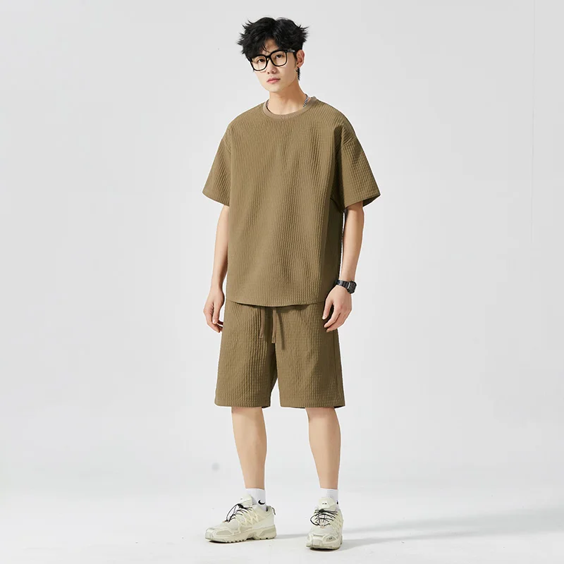 

Summer New 2024 Men's Suit Tide Solid Color Japanese Retro Short Sleeve Shorts Two-piece Set Tracksuits Men Clothing