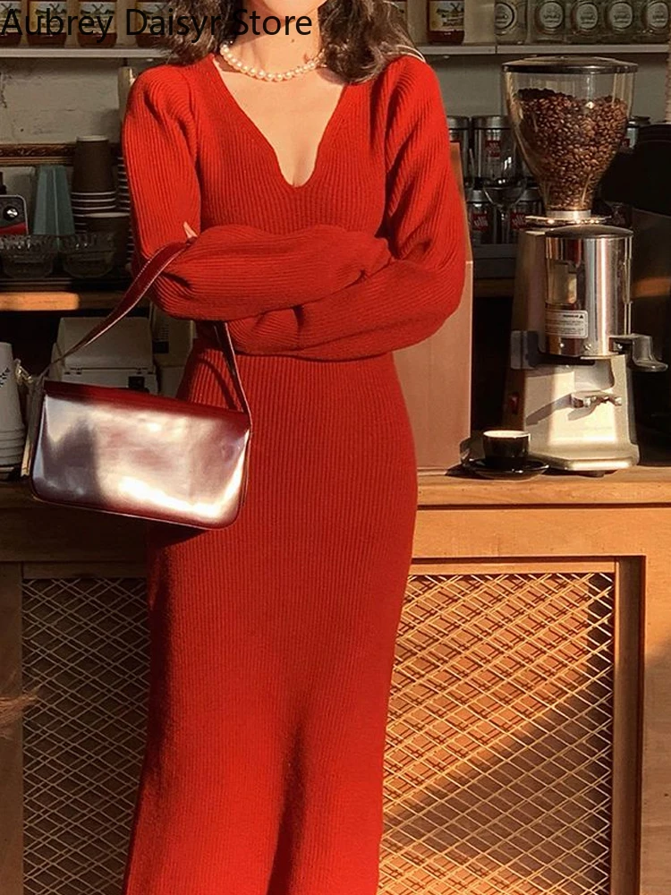 Elegant Long Red Knitting Dress Women Winter V-Neck Bodycon Party Sweater Dress Korean Office Lady High Waist Vintage Dress New
Elegant Long Red Knitting Dress Women Winter V-Neck Bodycon Party Sweater Dress Korean Office Lady High Waist Vintage Dress New