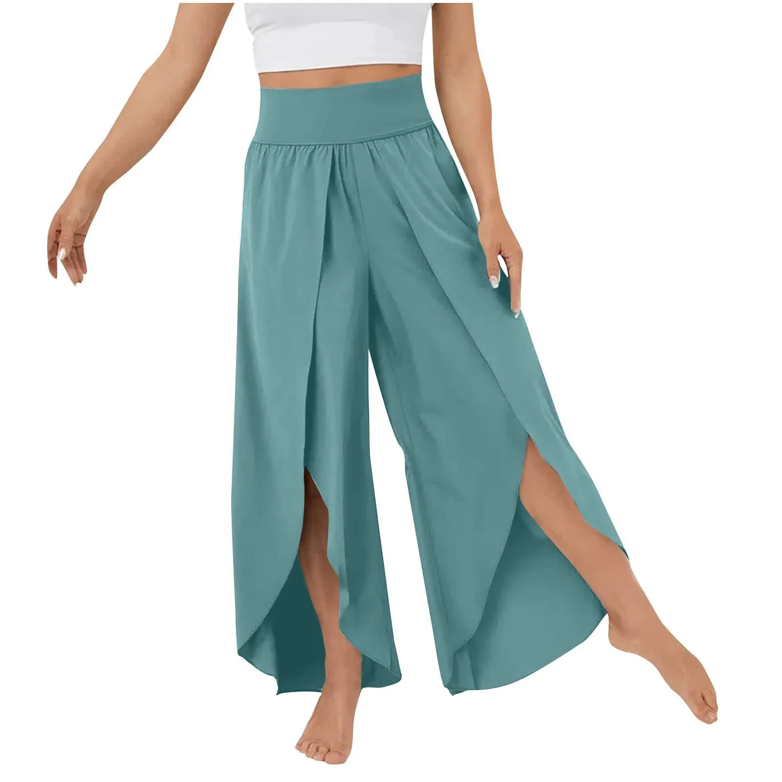 Women Pants High Waist Wide Elastic Waistband Yoga Pants Solid Color Thin Ninth-Length Women Flowy Split Wide Leg Pants
Women Pants High Waist Wide Elastic Waistband Yoga Pants Solid Color Thin Ninth-Length Women Flowy Split Wide Leg Pants