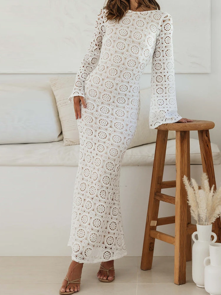 Knitted Long Dress Women Sexy Hollow Out White Dress Ladies Flare Sleeve Dresses Female Backless Floral Crochet Lace Up Vestidos
Knitted Long Dress Women Sexy Hollow Out White Dress Ladies Flare Sleeve Dresses Female Backless Floral Crochet Lace Up Vestidos