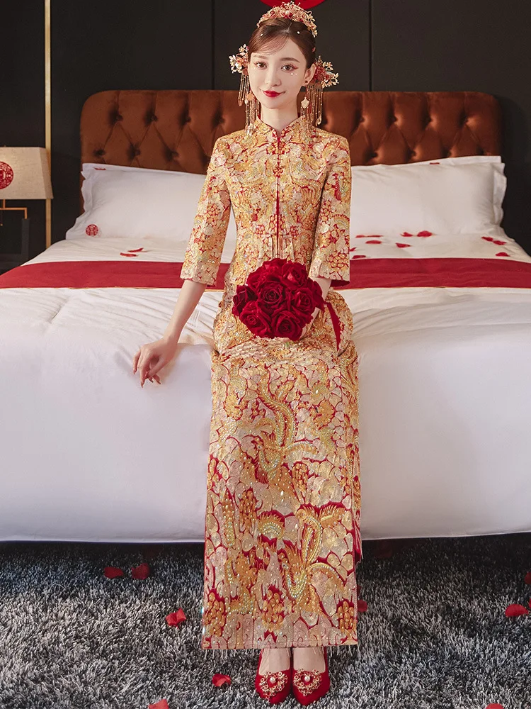 Vintage Phoenix Embroidery Costume Chinese Traditional Bride Wedding Clothing Slim Dress Hanfu Tang Suit
Vintage Phoenix Embroidery Costume Chinese Traditional Bride Wedding Clothing Slim Dress Hanfu Tang Suit