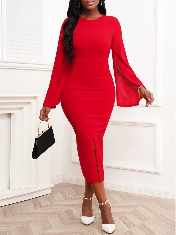 

2023 Summer Dresses for Women Round Neck Bell Shaped Sleeve Split Work Office Lady Dress Vestidos Mujer Elegant Midi Robe Female