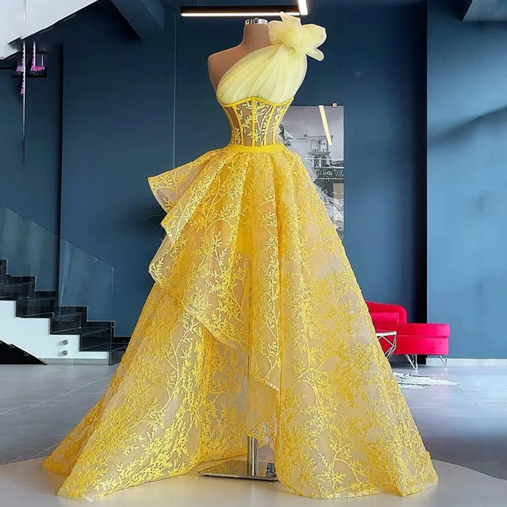 Yellow Lace Sexy Evening Dresses One Shoulder Strap A line Prom Gowns Flounce Floor Length Party Dress Free-shipping 2024
Yellow Lace Sexy Evening Dresses One Shoulder Strap A line Prom Gowns Flounce Floor Length Party Dress Free-shipping 2024