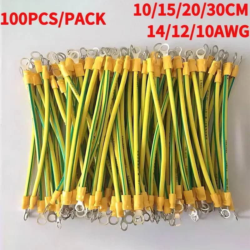 

100 PCS BVR Yellow-Green Solar Photovoltaic Grounding Wire Terminals 10/12/14 AWG Copper PV Cabinet Bridge Leakage Earth Cable