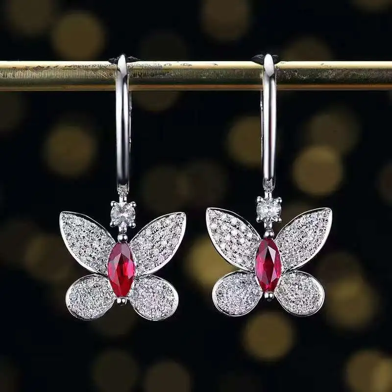 

SGARIT Jewelry Gemstone Butterfly Earrings 18K White Gold 0.57CT Natural Unheated Pigeon Blood Red Ruby Drop Earrings For Women