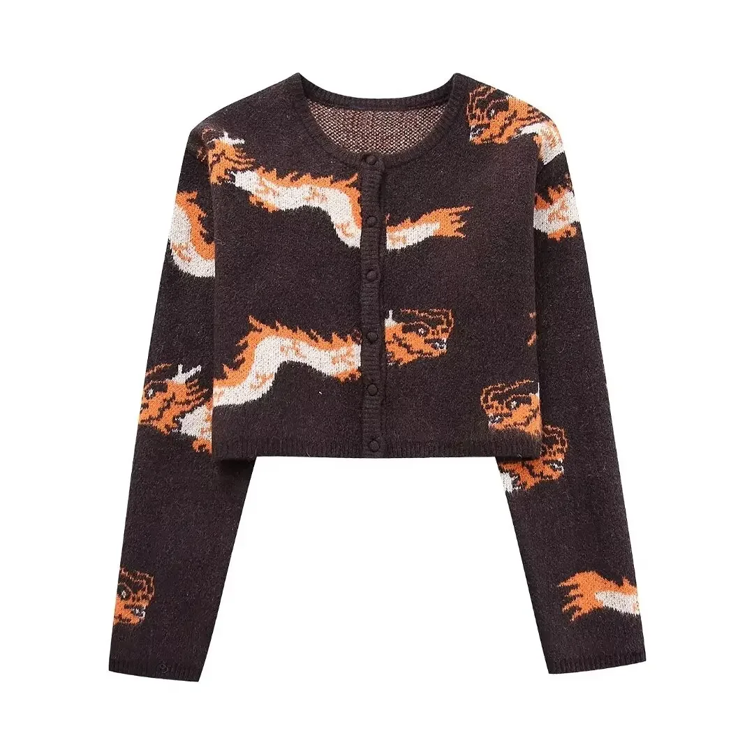 Women New Fashion Animal jacquard design Cropped Slim Knitted Cardigan Vintage Long Sleeve Button-up Female Outerwear Chic Tops
Women New Fashion Animal jacquard design Cropped Slim Knitted Cardigan Vintage Long Sleeve Button-up Female Outerwear Chic Tops