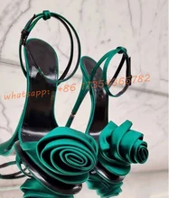 Leather-trimmed Silk Satin Sandals Women Roses Decor Open Toe Stiletto High Heeled Sandal Summer Party Green\Black\Fuchsia Shoes 
Leather-trimmed Silk Satin Sandals Women Roses Decor Open Toe Stiletto High Heeled Sandal Summer Party Green\Black\Fuchsia Shoes