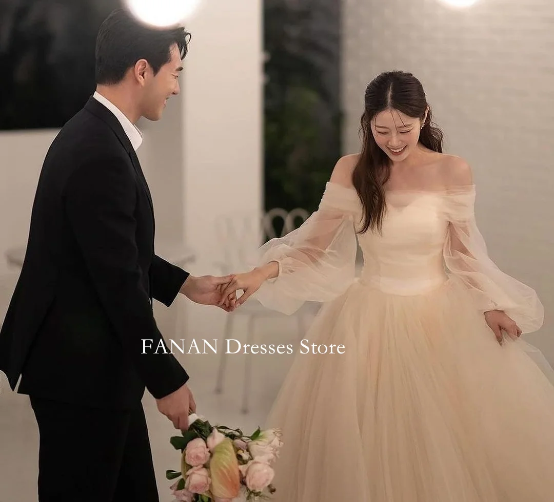 

FANAN Long Puff Sleeves Korea Champagne Ruched Garden Wedding Dresses 웨딩드레스 Custom Made Corset Elegant Bride Gowns Plus Size