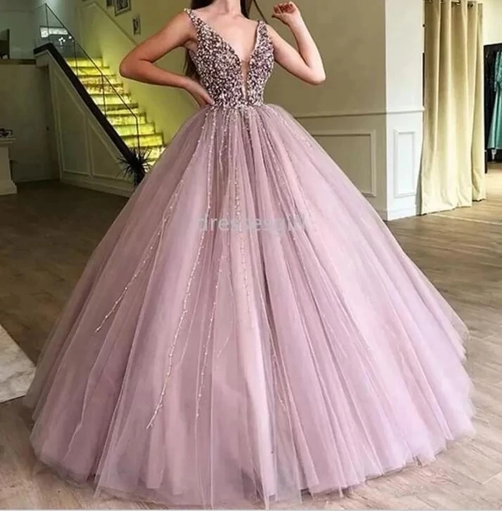 

ANGELSBRIDEP V-Neck Ball Gown Quinceanera Dresses 15 Party Sparkly Beading Tulle Formal Masquerade Cinderella Birthday Gown Hot