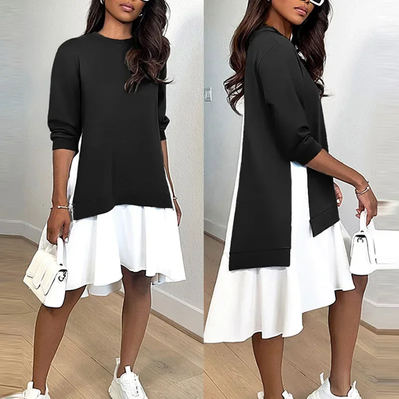 Fashion Patchwork Irregular Midi Dress Casual Women Ruffle Loose Dress New Autumn Long Sleeve Round Neck Sweat-shirt Dresses
Fashion Patchwork Irregular Midi Dress Casual Women Ruffle Loose Dress New Autumn Long Sleeve Round Neck Sweat-shirt Dresses