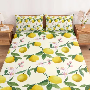 레몬 과일 꽃 여름 폴리에스테르 장착 시트 매트리스 커버, 탄성 밴드 침대 시트 베개 케이스, 네 모서리