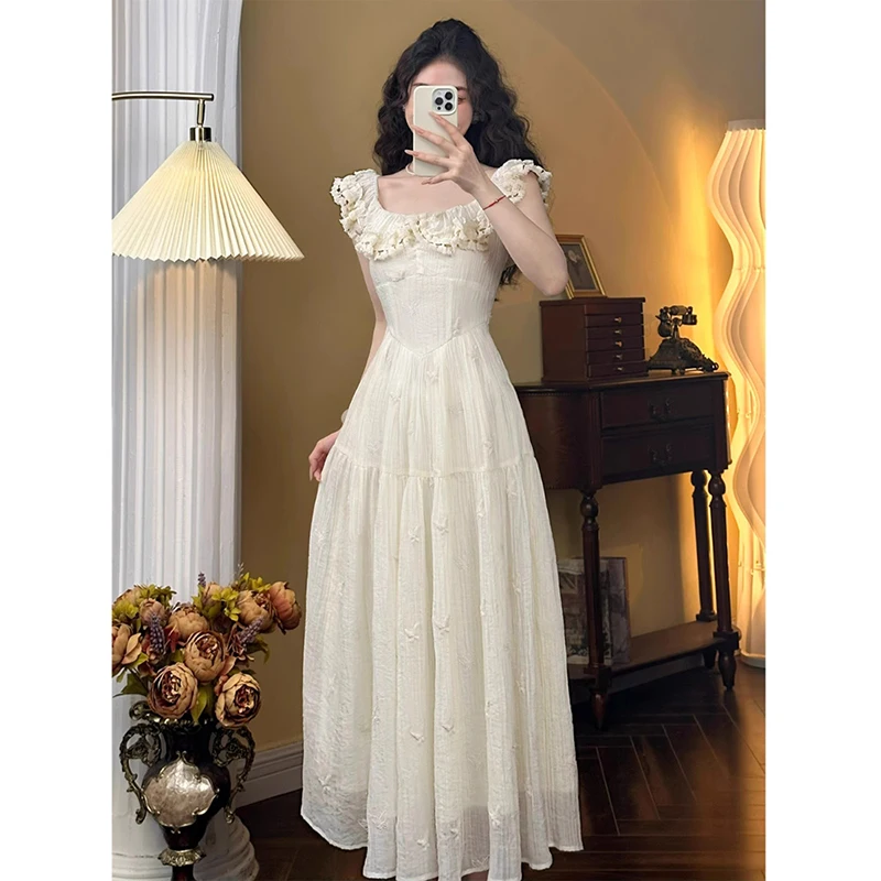 

Women's Vintage French Print Butterfly Apricot Waisted Temperament Elegant Seaside Holiday Fairy Halter Dresses 2024 Summer