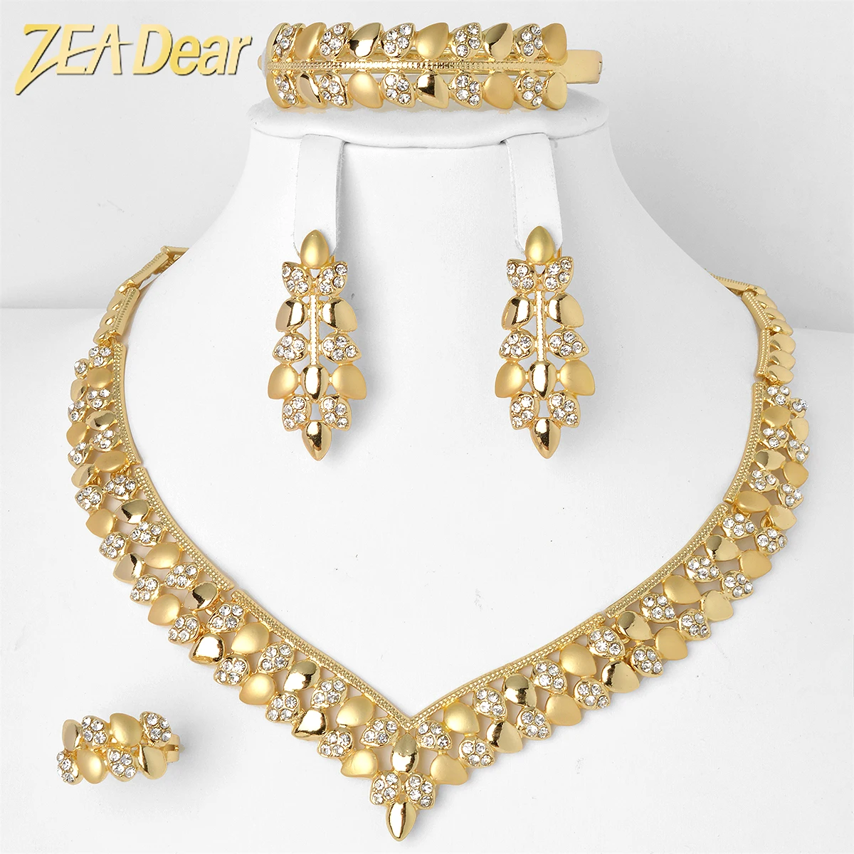 

ZEADear Jewelry Sets Luxury 18K Gold Plated Leaf Shape Necklace Earrings Bracelet Ring Dubai African Wedding Jewellery Gift