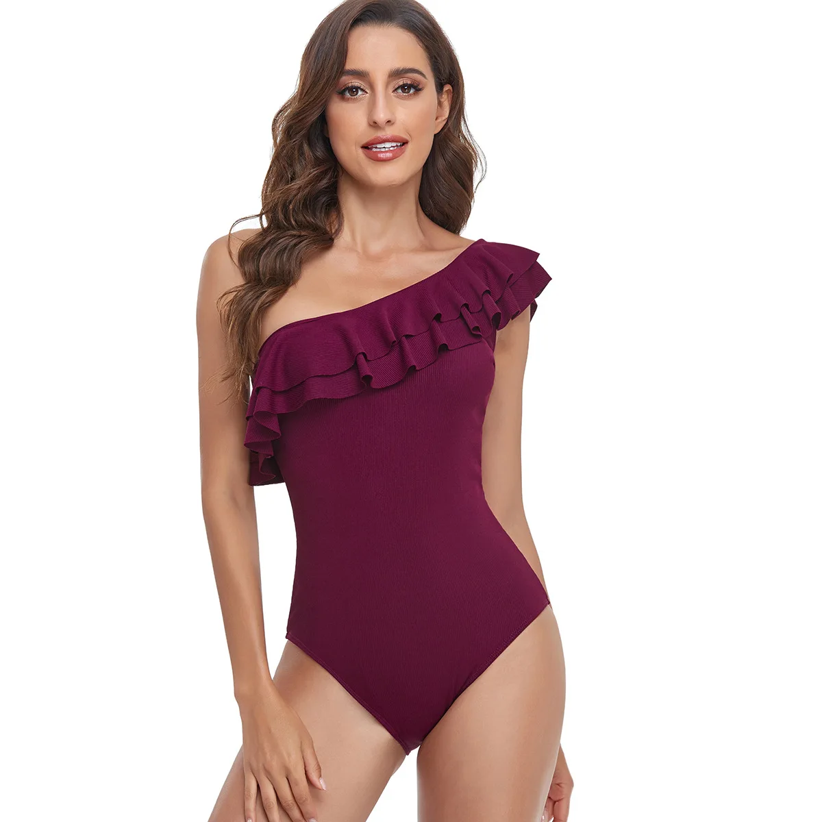 New 2023 Solid Color Single Shoulder Ruffled One Piece Pit Stripe Swimsuit European And American Quick Drying Batting Suit
New 2023 Solid Color Single Shoulder Ruffled One Piece Pit Stripe Swimsuit European And American Quick Drying Batting Suit