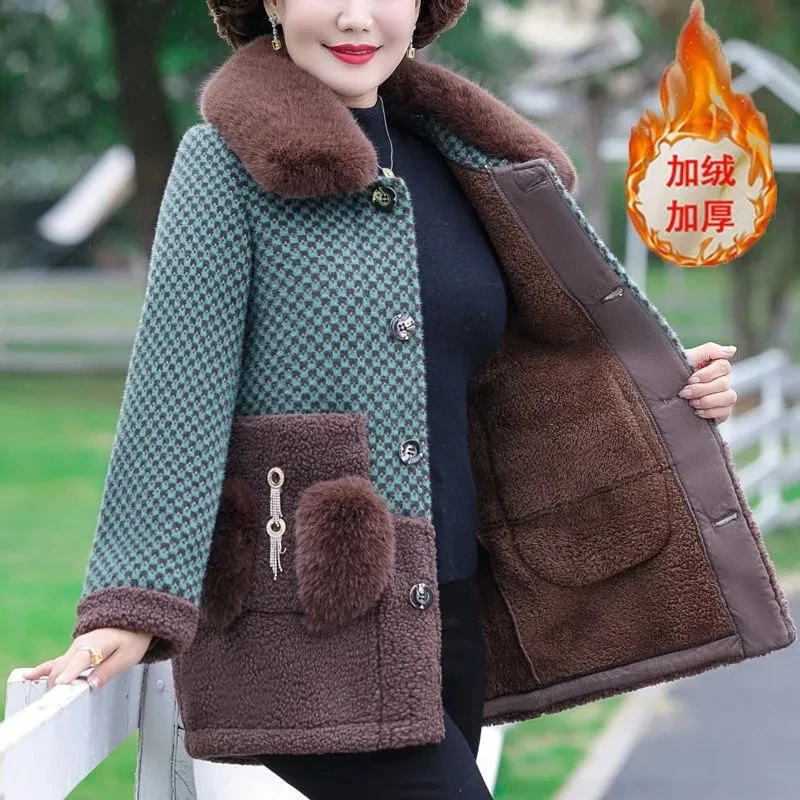 

Winter Casual Woolen Jackets Women Overcoat Autumn Plus Velvet Mink-Like Cotton-Padded Jacket Loose Plaid Splicing Wool Coat