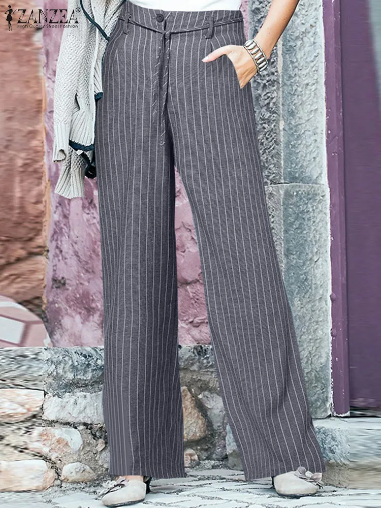 

Women Fashion Striped Pants Vintage Autumn Wide Leg Trousers ZANZEA Bohemian High Waist Pantalon Work Overall Female Long Pant