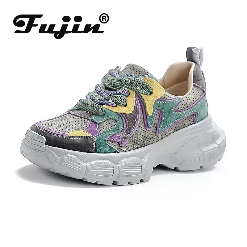 

Fujin 5cm Moccasins Chunky Women Mixed Color Fashion Shoes Genuine Leather Wedge Platform Sneakers Casual Autumn Spring Comfy