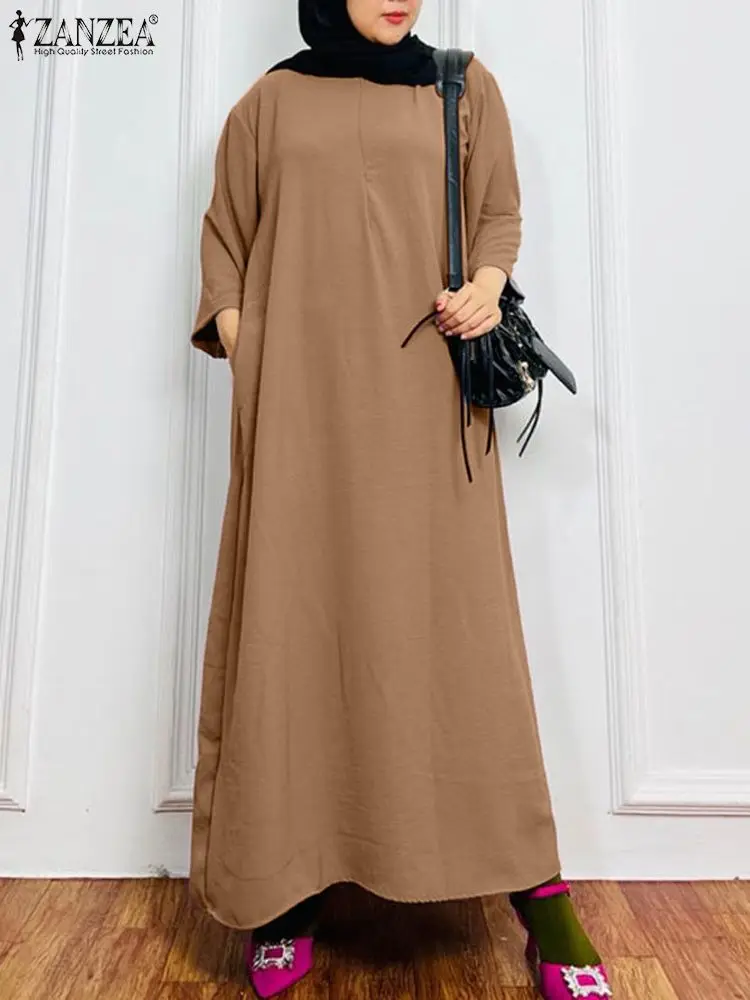 

ZANZEA Vintage Turkey Hijab Muslim Dress Long Sleeve O-Neck Dresses Elegant Party Sundress Woman Casual Solid Color Maxi Robe