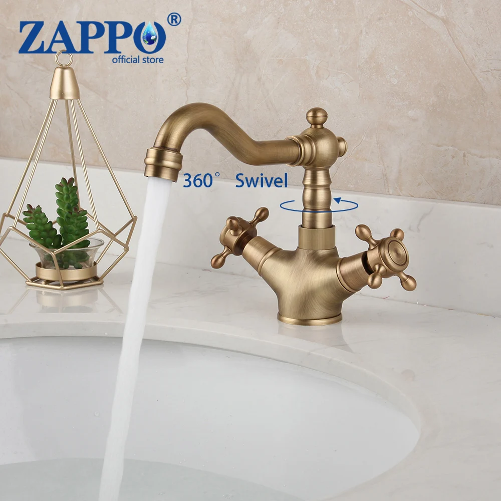 

ZAPPO Antique Brass Bathroom Sink Mixer Faucet Dual Handle Hot and Cold Water Mixer Tap with 360 Swivel Spout Taps Deck Mounted